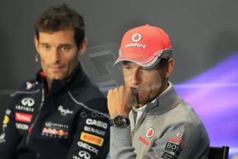 World © Octane Photographic Ltd. F1 British GP - Silverstone, Thursday 27th June 2013. Vodafone McLaren Mercedes - Jenson Button and Infiniti Red Bull Racing - Mark Webber. Digital Ref : 0723lw7dx0336