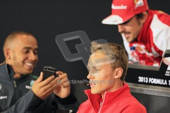 World © Octane Photographic Ltd. F1 British GP - Silverstone, Thrusday 27th June 2013. Scuderia Ferrari F138 - Fernando Alonso chatting with Lewis Hamilton - Mercedes. Digital Ref : 0723lw7dx9918