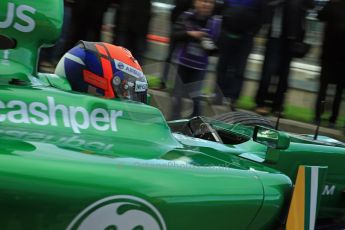World © Octane Photographic Ltd./Carl Jones. Caterham F1 Team with Alexander Rossi demos at Silverstone, 20th October 2013. Digital Ref : 0845cj7d0047