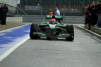 World © Octane Photographic Ltd./Carl Jones. Caterham F1 Team with Alexander Rossi demos at Silverstone, 20th October 2013. Digital Ref : 0845cj7d0145