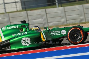 World © Octane Photographic Ltd. F1 USA GP - Austin, Texas, Circuit of the Americas (COTA), Friday 15th November 2013 - Practice 1. Caterham F1 Team CT03 - Charles Pic showing the To Philippines With Love logo under the cockpit. Digital Ref : 0853lw1d3042