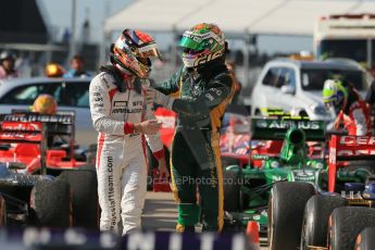 World © Octane Photographic Ltd. F1 USA GP, Austin, Texas, Circuit of the Americas (COTA), Sunday 17th November 2013 - Post-Race Parc Ferme. Caterham F1 Team - Giedo van der Garde and Marussia F1 Team - Jules Bianchi. Digital Ref : 0862lw1d6206