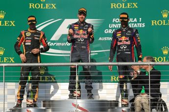 World © Octane Photographic Ltd. F1 USA GP, Austin, Texas, Circuit of the Americas (COTA), Sunday 17th November 2013 - Podium. Infiniti Red Bull Racing - Sebastian Vettel (1st), Lotus F1 Team - Romain Grosjean (2nd) and Infiniti Red Bull Racing - Mark Webber (3rd). Digital Ref : 0862lw1d6259