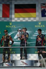 World © Octane Photographic Ltd. F1 USA GP, Austin, Texas, Circuit of the Americas (COTA), Sunday 17th November 2013 - Podium. Infiniti Red Bull Racing - Sebastian Vettel (1st), Lotus F1 Team - Romain Grosjean (2nd) and Infiniti Red Bull Racing - Mark Webber (3rd). Digital Ref : 0862lw1d6338