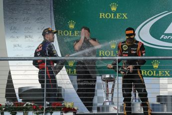 World © Octane Photographic Ltd. F1 USA GP, Austin, Texas, Circuit of the Americas (COTA), Sunday 17th November 2013 - Podium. Infiniti Red Bull Racing - Sebastian Vettel (1st) and Lotus F1 Team - Romain Grosjean (2nd). Digital Ref : 0862lw1d6417