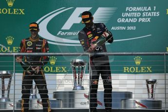 World © Octane Photographic Ltd. F1 USA GP, Austin, Texas, Circuit of the Americas (COTA), Sunday 17th November 2013 - Podium. Lotus F1 Team - Romain Grosjean (2nd) and Infiniti Red Bull Racing - Mark Webber (3rd). Digital Ref : 0862lw1d6427