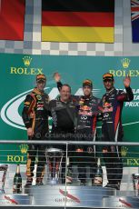 World © Octane Photographic Ltd. F1 USA GP, Austin, Texas, Circuit of the Americas (COTA), Sunday 17th November 2013 - Podium. Infiniti Red Bull Racing - Sebastian Vettel (1st), Lotus F1 Team - Romain Grosjean (2nd) and Infiniti Red Bull Racing - Mark Webber (3rd). Digital Ref : 0862lw1d6459