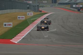 World © Octane Photographic Ltd. F1 USA GP, Austin, Texas, Circuit of the Americas (COTA), Saturday 16th November 2013 - Practice 3. Infiniti Red Bull Racing RB9 - Sebastian Vettel and Mark Webber. Digital Ref : 0857lw1d4755