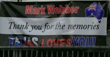 World © Octane Photographic Ltd. F1 USA GP, Austin, Texas, Circuit of the Americas (COTA), Saturday 16th November 2013 - Practice 3. Infiniti Red Bull Racing RB9 - Mark Webber fans "Thank You For the Memorie". Digital Ref : 0857lw1d5320