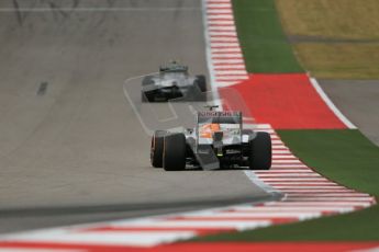 World © Octane Photographic Ltd. F1 USA GP, Austin, Texas, Circuit of the Americas (COTA), Saturday 16th November 2013 - Practice 3. Sahara Force India VJM06 - Adrian Sutil and Mercedes AMG Petronas F1 W04 – Lewis Hamilton. Digital Ref : 0857lw1d5334
