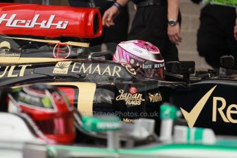 World © Octane Photographic Ltd. F1 USA GP, Austin, Texas, Circuit of the Americas (COTA), Saturday 16th November 2013 - Qualifying Parc Ferme. Lotus F1 Team E21 – Heikki Kovalainen and Mercedes AMG Petronas F1 W04 – Lewis Hamilton. Digital Ref : 0858lw1d2142