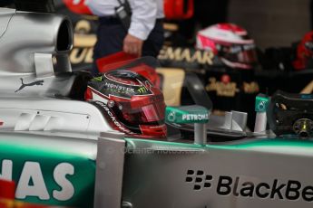 World © Octane Photographic Ltd. F1 USA GP, Austin, Texas, Circuit of the Americas (COTA), Saturday 16th November 2013 - Qualifying Parc Ferme. Lotus F1 Team E21 – Heikki Kovalainen and Mercedes AMG Petronas F1 W04 – Lewis Hamilton. Digital Ref : 0858lw1d2153