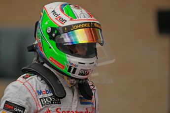 World © Octane Photographic Ltd. F1 USA GP, Austin, Texas, Circuit of the Americas (COTA), Saturday 16th November 2013 - Qualifying Parc Ferme. Vodafone McLaren Mercedes MP4/28 - Sergio Perez. Digital Ref : 0858lw1d2159