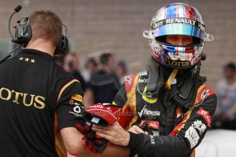 World © Octane Photographic Ltd. F1 USA GP, Austin, Texas, Circuit of the Americas (COTA), Saturday 16th November 2013 - Qualifying Parc Ferme. Lotus F1 Team E21 - Romain Grosjean. Digital Ref : 0858lw1d2167