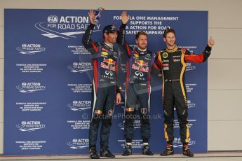 World © Octane Photographic Ltd. F1 USA GP, Austin, Texas, Circuit of the Americas (COTA), Saturday 16th November 2013 - Qualifying conference. Infiniti Red Bull Racing RB9 - Sebastian Vettel and Mark Webber and Lotus F1 Team E21 - Romain Grosjean. Digital Ref : 0858lw1d2214