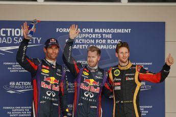 World © Octane Photographic Ltd. F1 USA GP, Austin, Texas, Circuit of the Americas (COTA), Saturday 16th November 2013 - Qualifying conference. Infiniti Red Bull Racing RB9 - Sebastian Vettel and Mark Webber and Lotus F1 Team E21 - Romain Grosjean. Digital Ref : 0858lw1d2218