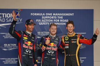 World © Octane Photographic Ltd. F1 USA GP, Austin, Texas, Circuit of the Americas (COTA), Saturday 16th November 2013 - Qualifying conference. Infiniti Red Bull Racing RB9 - Sebastian Vettel and Mark Webber and Lotus F1 Team E21 - Romain Grosjean. Digital Ref : 0858lw1d2223