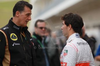 World © Octane Photographic Ltd. USA F1 Grand Prix, Austin, Texas, Circuit of the Americas (COTA). Paddock, Thursday 14th November 2013. Sergio Perez - Vodafone McLaren Mercedes and Federico Gastaldi - Lotus F1 Team's Business Development Director. Digital Ref : 0852lw1d1068