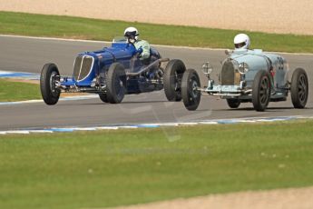 World © Octane Photographic Ltd. Donington Historic Festival, Friday 3rd May 2013. HGPCA Nuvolari Trophy pre-1940 GP cars with Hall and Hall. Maserati 8CM - Robert Newall and Bugatti T39 - David Hands. Digital Ref : 0645cb7d0002