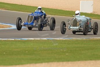 World © Octane Photographic Ltd. Donington Historic Festival, Friday 3rd May 2013. HGPCA Nuvolari Trophy pre-1940 GP cars with Hall and Hall. Maserati 8CM - Robert Newall and Bugatti T39 - David Hands. Digital Ref : 0645cb7d9999