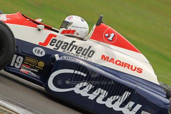 World © Octane Photographic Ltd. Donington Historic Festival, Friday 3rd May 2013. Ex-Ayrton Senna Car Demonstrations. Toleman TG184 driven by Alastair Davidson. Digital Ref : 0646cb7d0209