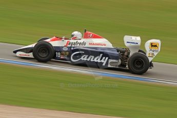 World © Octane Photographic Ltd. Donington Historic Festival, Friday 3rd May 2013. Ex-Ayrton Senna Car Demonstrations. Toleman TG184 driven by Alastair Davidson. Digital Ref : 0646cb7d8334