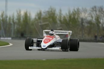 World © Octane Photographic Ltd. Donington Historic Festival, Friday 3rd May 2013. Ex-Ayrton Senna Car Demonstrations. Toleman TG184 driven by Alastair Davidson. Digital Ref : 0646lw1d7495