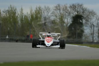 World © Octane Photographic Ltd. Donington Historic Festival, Friday 3rd May 2013. Ex-Ayrton Senna Car Demonstrations. Toleman TG184 driven by Alastair Davidson. Digital Ref : 0646lw1d7504