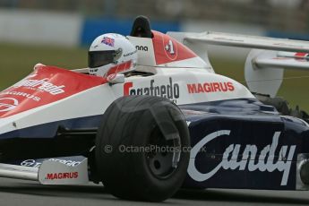 World © Octane Photographic Ltd. Donington Historic Festival, Friday 3rd May 2013. Ex-Ayrton Senna Car Demonstrations. Toleman TG184 driven by Alastair Davidson. Digital Ref : 0646lw1d7575