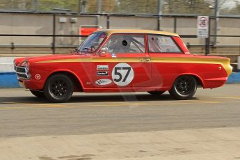 World © Octane Photographic Ltd. Donington Park General un-silenced testing, April 30th 2013. Mike Gardner/Niki Faulkner - Lotus Cortina. Digital Ref : 0643cb7d7332