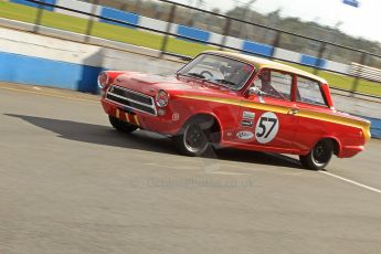 World © Octane Photographic Ltd. Donington Park General un-silenced testing, April 30th 2013. Mike Gardner/Niki Faulkner - Lotus Cortina. Digital Ref : 0643cb7d7350