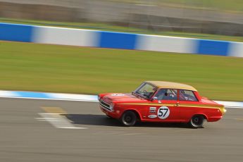 World © Octane Photographic Ltd. Donington Park General un-silenced testing, April 30th 2013. Mike Gardner/Niki Faulkner - Lotus Cortina. Digital Ref : 0643cb7d7365