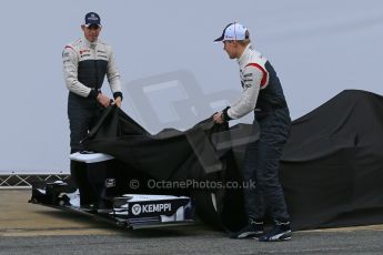 World © Octane Photographic Ltd. Formula 1 Winter testing, Barcelona – Circuit de Catalunya, 19th February 2013. Williams FW35 launch, Pastor Maldonado and Valterri Bottas. Digital Ref: 0576lw1d0940