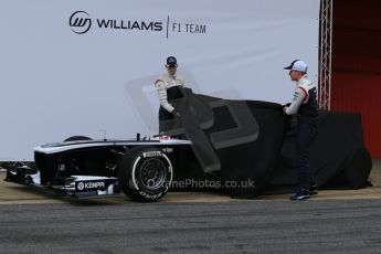 World © Octane Photographic Ltd. Formula 1 Winter testing, Barcelona – Circuit de Catalunya, 19th February 2013. Williams FW35 launch, Pastor Maldonado and Valterri Bottas. Digital Ref: 0576lw1d0944