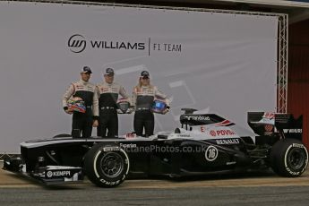 World © Octane Photographic Ltd. Formula 1 Winter testing, Barcelona – Circuit de Catalunya, 19th February 2013. Williams FW35 launch, Pastor Maldonado, Valterri Bottas and Susie Wolff. Digital Ref: 0576lw1d1065