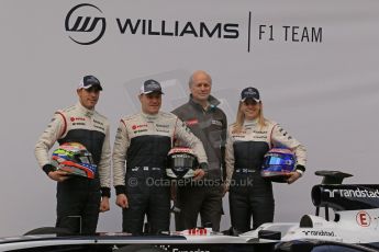 World © Octane Photographic Ltd. Formula 1 Winter testing, Barcelona – Circuit de Catalunya, 19th February 2013. Williams FW35 launch, Pastor Maldonado, Valterri Bottas and Susie Wolff. Digital Ref: 0576lw1d1069