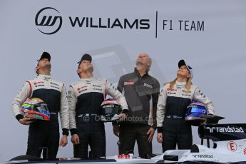 World © Octane Photographic Ltd. Formula 1 Winter testing, Barcelona – Circuit de Catalunya, 19th February 2013. Williams FW35 launch, Pastor Maldonado, Valterri Bottas and Susie Wolff. Digital Ref: 0576lw1d1078