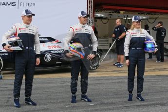 World © Octane Photographic Ltd. Formula 1 Winter testing, Barcelona – Circuit de Catalunya, 19th February 2013. Williams FW35 launch, Pastor Maldonado, Valterri Bottas and Susie Wolff. Digital Ref: 0576lw1d1091