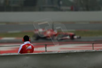 World © Octane Photographic Ltd. Formula 1 Winter testing, Barcelona – Circuit de Catalunya, 21st February 2013. Ferrari trackside watcher surveys the Ferrari F138 of Fernando Alonso at speed. Digital Ref: 0578lw1d3642