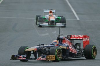 World © Octane Photographic Ltd. Formula 1 Winter testing, Barcelona – Circuit de Catalunya, 22nd February 2013. Toro Rosso STR8, Jean-Eric Vergne and Sahara Force India VJM06 – Jules Bianchi. Digital Ref: 0579cb1d4328