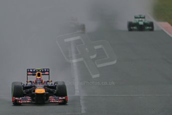 World © Octane Photographic Ltd. Formula 1 Winter testing, Barcelona – Circuit de Catalunya, 22nd February 2013. Infiniti Red Bull Racing RB9-Mark Webber, Toro Rosso STR8-Jean-Eric Vergne and Caterham CT03-Giedo van de Garde. Digital Ref: 0579lw1d5188