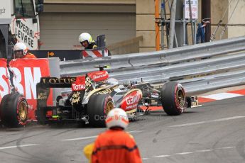 World © Octane Photographic Ltd. F1 Monaco GP, Monte Carlo - Saturday 25th May - Practice 3. Lotus F1 Team E21 - Romain Grosjean puts his car into the wall at St.Devote. Digital Ref : 0707cb7d2477