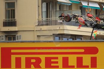 World © Octane Photographic Ltd. F1 Monaco GP, Monte Carlo - Saturday 25th May - Practice 3. Lotus F1 Team E21 - Romain Grosjean's car is craned clear. Digital Ref : 0707cb7d2500