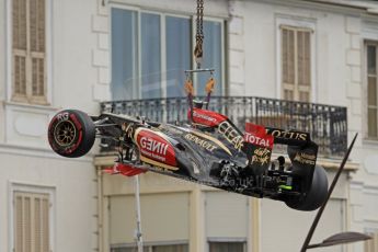 World © Octane Photographic Ltd. F1 Monaco GP, Monte Carlo - Saturday 25th May - Practice 3. Lotus F1 Team E21 - Romain Grosjean's car is craned clear. Digital Ref : 0707cb7d2513