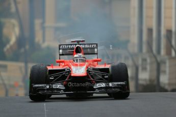 World © Octane Photographic Ltd. F1 Monaco GP, Monte Carlo - Saturday 25th May - Qualifying. Marussia F1 Team MR02 - Jules Bianchi' car comes to a halt with an airbox fire on his out lap. Digital Ref : 0708lw1d9729