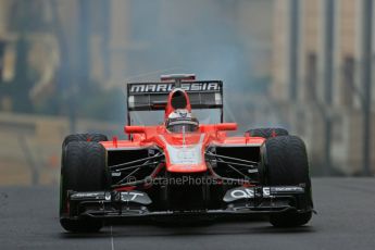 World © Octane Photographic Ltd. F1 Monaco GP, Monte Carlo - Saturday 25th May - Qualifying. Marussia F1 Team MR02 - Jules Bianchi' car comes to a halt with an airbox fire on his out lap. Digital Ref : 0708lw1d9736