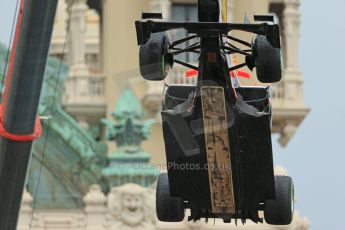 World © Octane Photographic Ltd. F1 Monaco GP, Monte Carlo - Saturday 25th May - Qualifying. Marussia F1 Team MR02 - Jules Bianchi's car is craned clear to allow qualifying to continue. Digital Ref : 0708lw1d9786