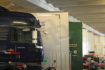 World © Octane Photographic Ltd. Formula 1 Monte Carlo - Monaco. Practice 1. The F1 transporters parked up in a car park for a change - these from Toro Rosso, Caterham F1 Team, Mercedes AMG Petronas, Williams and Sauber. Digital Ref :