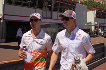 World © 2013 Octane Photographic Ltd. F1 Monaco GP, Monte Carlo -Thursday 23rd May 2013 - Practice 1. Sahara Force India, Adrian Sutil and Sauber's Nico Hulkenberg chatting. Digital Ref : 0692cb7d1089