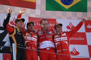 World © 2013 Octane Photographic Ltd. F1 Spanish GP, Circuit de Catalunya - Sunday 12th May 2013 - Race. Scuderia Ferrari - Stefano Domenicali, Fernando Alonso and Felipe Massa on the podium with Kimi Raikkonen. Digital Ref : 0674cb1d3094